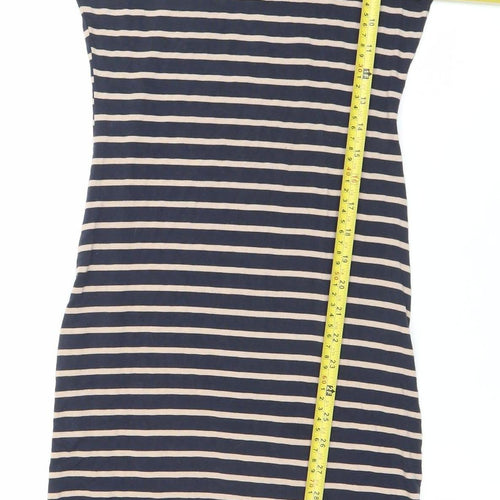 Oasis Women’s Blue Beige Striped Bodycon Dress XS Scoop Neck 3/4 Sleeve