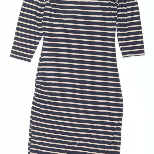 Oasis Women’s Blue Beige Striped Bodycon Dress XS Scoop Neck 3/4 Sleeve