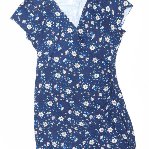 Yumi Women’s Blue Floral Wrap Dress UK 14 L V-Neck Jersey