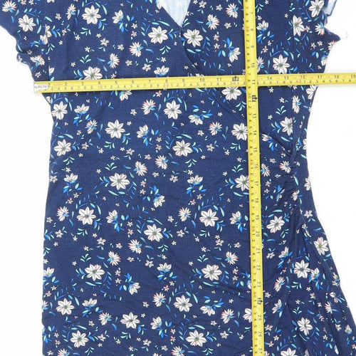 Yumi Women’s Blue Floral Wrap Dress UK 14 L V-Neck Jersey