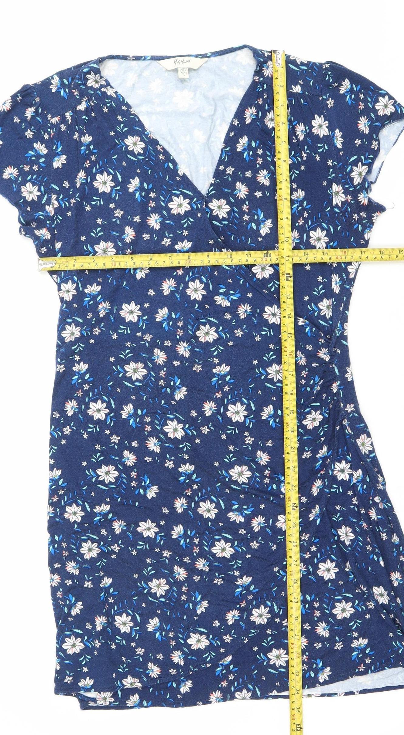 Yumi Women’s Blue Floral Wrap Dress UK 14 L V-Neck Jersey