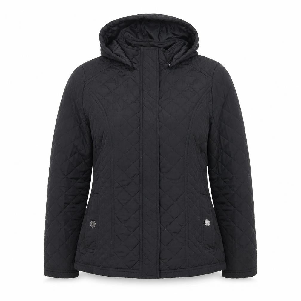Front view of Jack Wills women’s black quilted hooded jacket, size S, regular