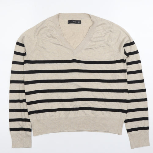 MNG Womens Beige Striped V-Neck Long Sleeve Knit Top Size S