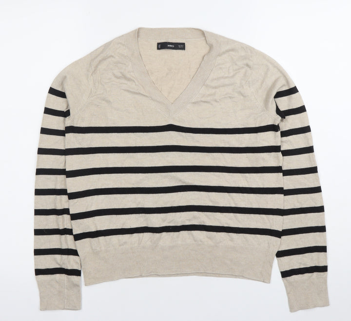 MNG Womens Beige Striped V-Neck Long Sleeve Knit Top Size S