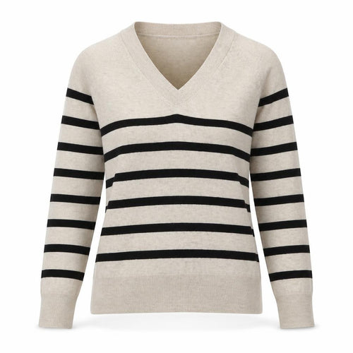 MNG Womens Beige Striped V-Neck Long Sleeve Knit Top Size S