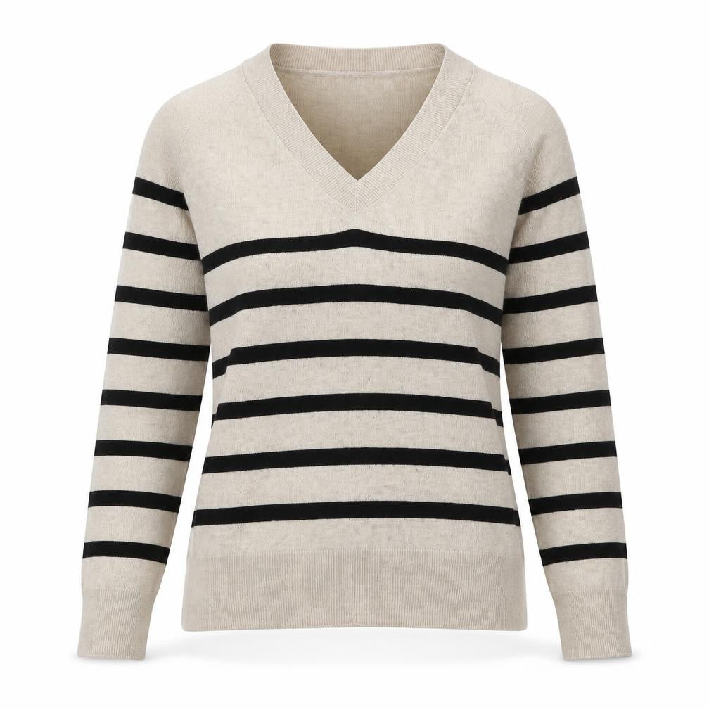 MNG Womens Beige Striped V-Neck Long Sleeve Knit Top Size S