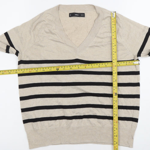 MNG Womens Beige Striped V-Neck Long Sleeve Knit Top Size S