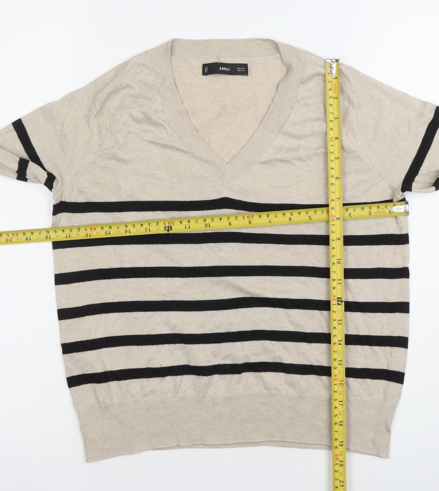 MNG Womens Beige Striped V-Neck Long Sleeve Knit Top Size S