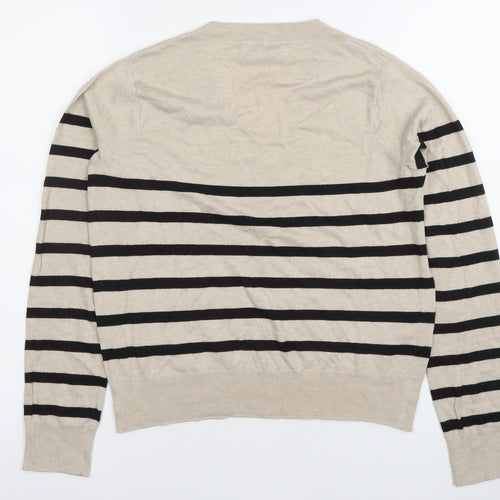 MNG Womens Beige Striped V-Neck Long Sleeve Knit Top Size S