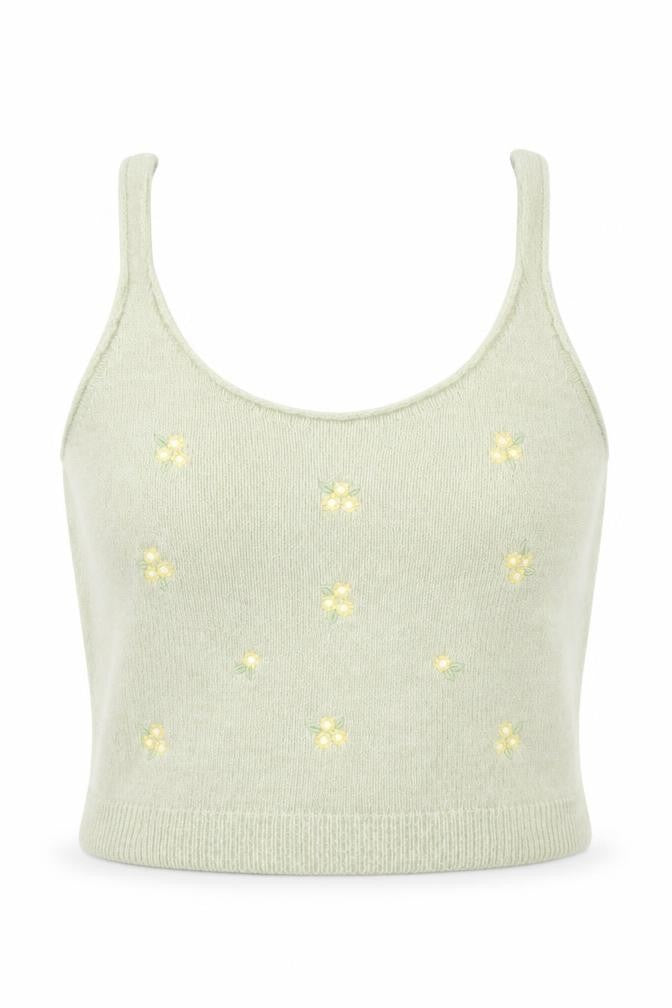 Front view of Mango women’s green floral knit scoop neck vest jumper top, size M