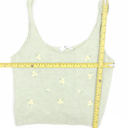 MNG Womens Green Floral Knit Scoop Neck Vest Jumper Top Size M