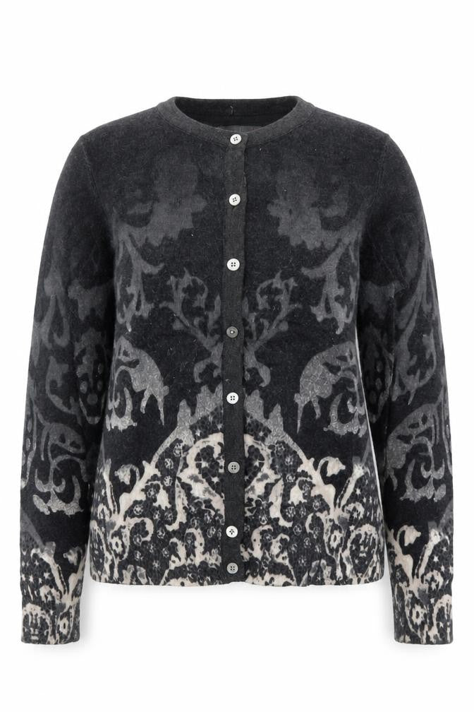 Front view of Per Una Women’s Grey Patterned Cardigan, size UK 10, Long Sleeve Knit