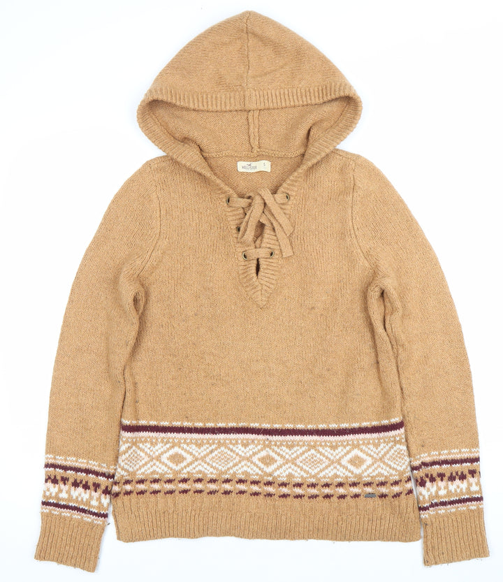Hollister Womens Brown Fair Isle Knit Hoodie Jumper Size S