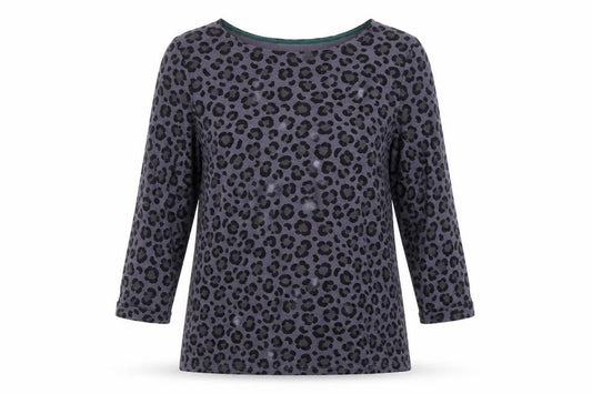 Front view of Boden Women Grey Leopard Print 3/4 Sleeve Cotton T-Shirt, size 12