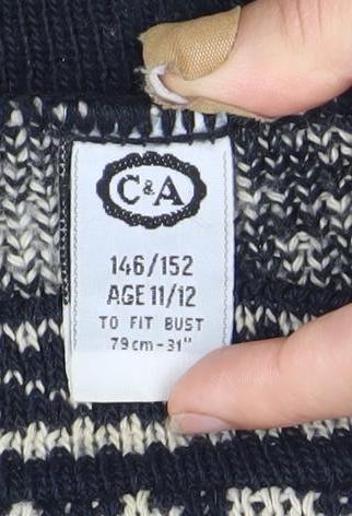 C&A Girls Black White Fair Isle Pullover Jumper 11-12 Years