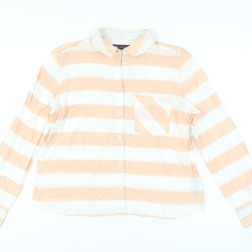 Marks and Spencer Women Orange White Striped Cotton Button-Up Shirt UK14