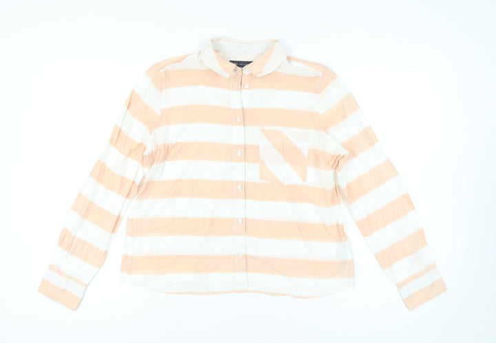 Marks and Spencer Women Orange White Striped Cotton Button-Up Shirt UK14