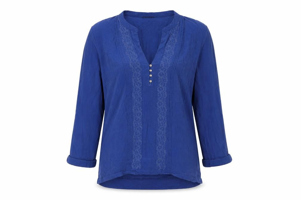 Front view of Massimo Dutti Women’s Blue Viscose Tunic Blouse, size M, Long Sleeve