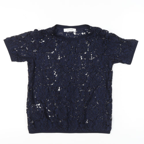 Promod Women’s Blue Lace Floral Sheer Short Sleeve Top Size 6