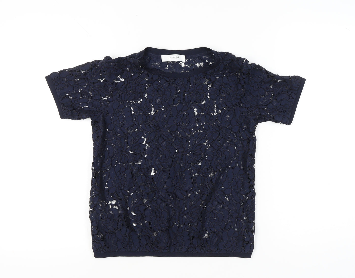 Promod Women’s Blue Lace Floral Sheer Short Sleeve Top Size 6