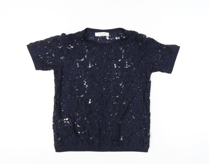 Promod Women’s Blue Lace Floral Sheer Short Sleeve Top Size 6