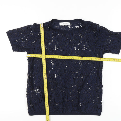 Promod Women’s Blue Lace Floral Sheer Short Sleeve Top Size 6
