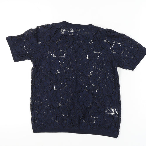 Promod Women’s Blue Lace Floral Sheer Short Sleeve Top Size 6