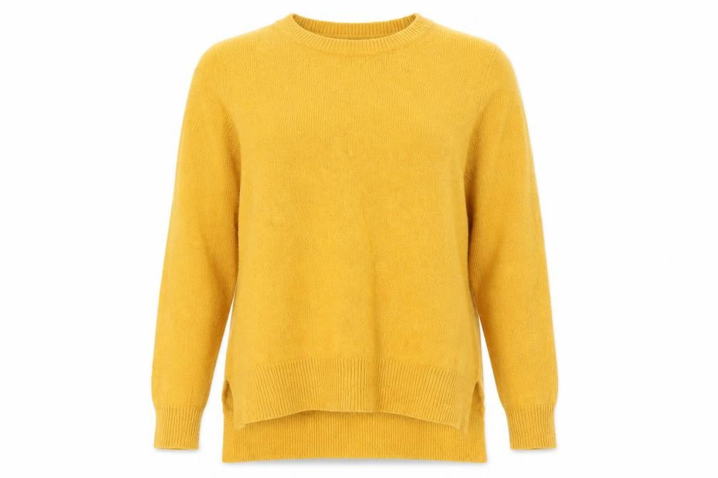 Front view of Louche women’s yellow jumper, size UK 10, small crew neck pullover knit
