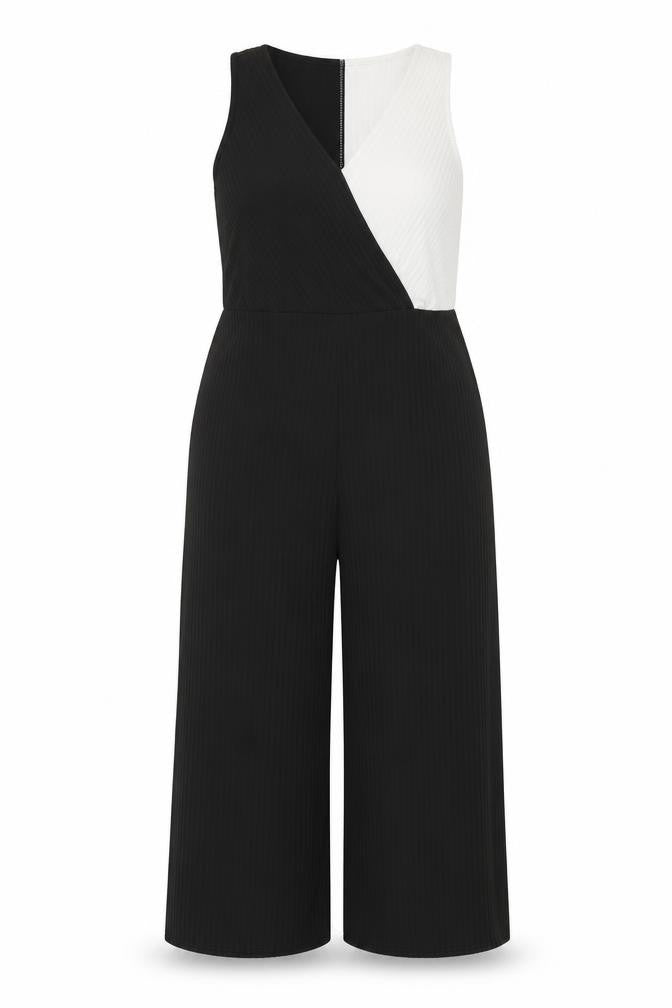 Front view of New Look women’s black white one shoulder jumpsuit, size UK 14