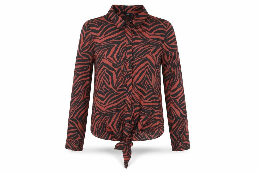Front view of River Island women’s multicoloured animal print button-up shirt, size UK 8