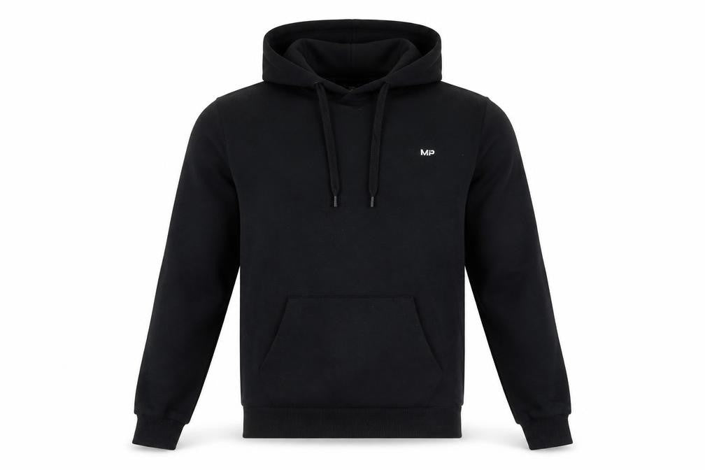 Front view of Myprotein men’s black pullover hoodie small regular fit hooded jumper