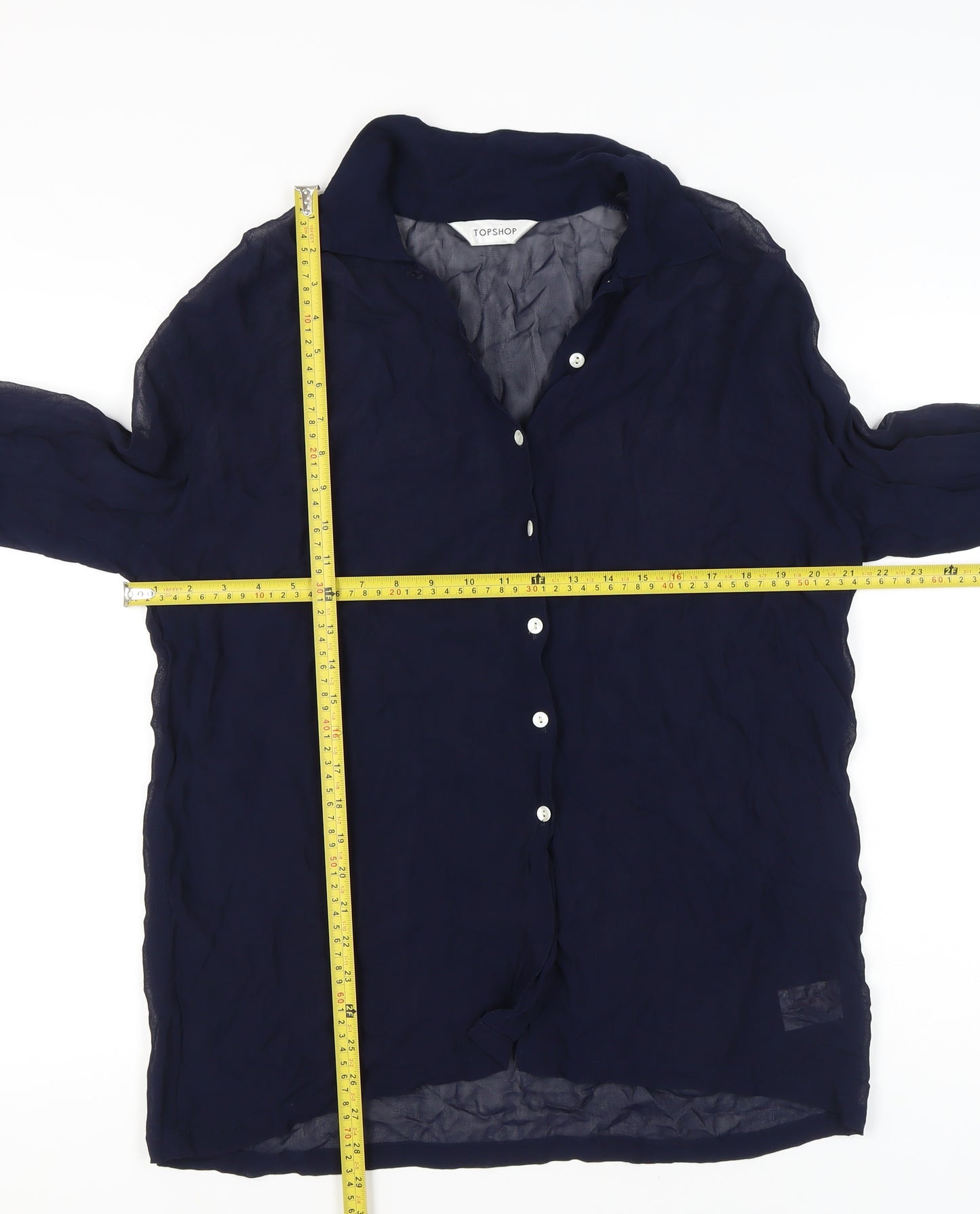 Topshop Womens Blue Size 10 Sheer Long Sleeve Button-Up Shirt
