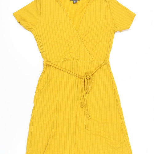 Primark Women’s Yellow Wrap Dress Size 10 Short Sleeve V-Neck