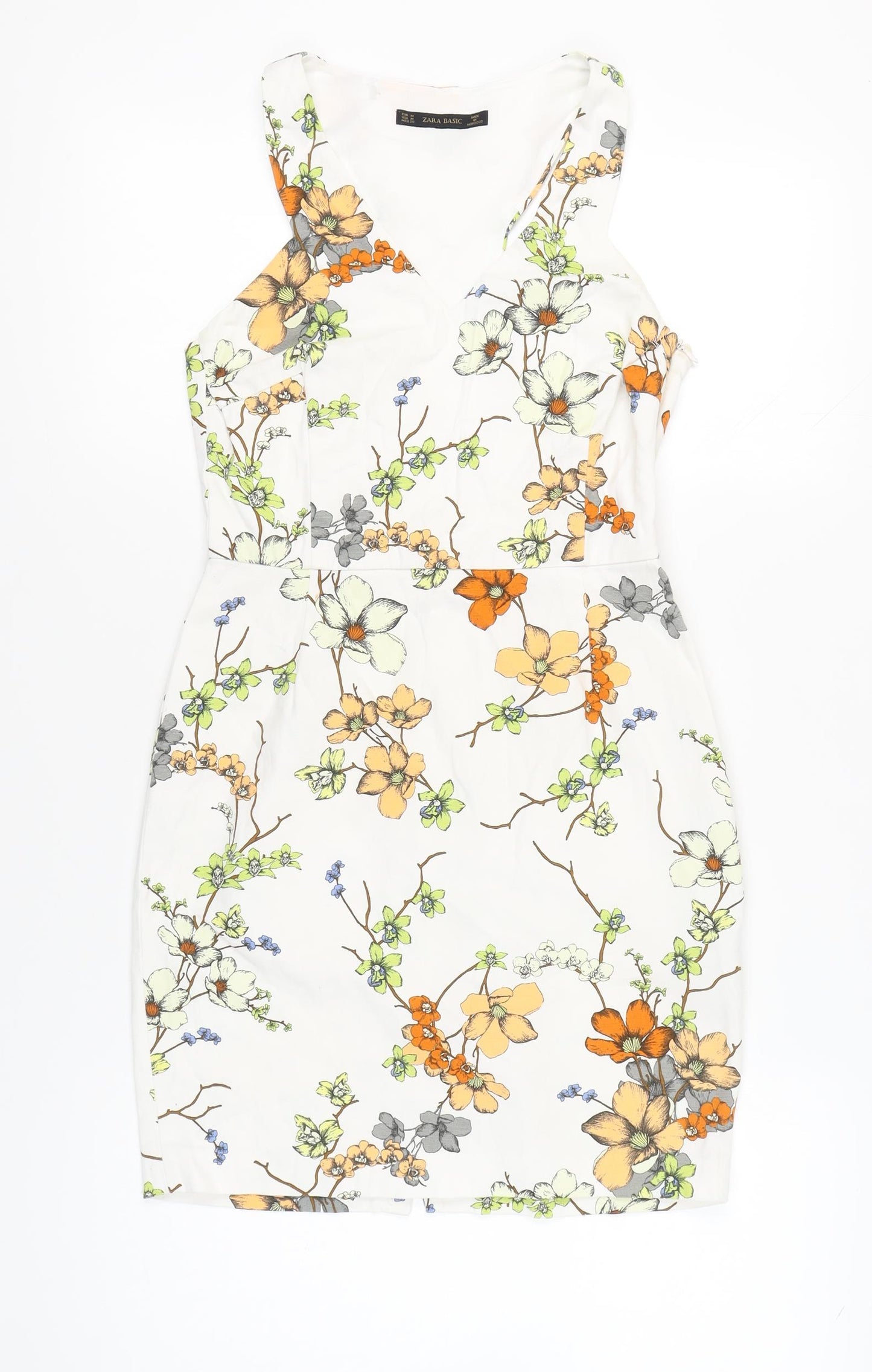 Zara Basic Women’s White Floral Sheath Dress Size 12 Sleeveless V-Neck