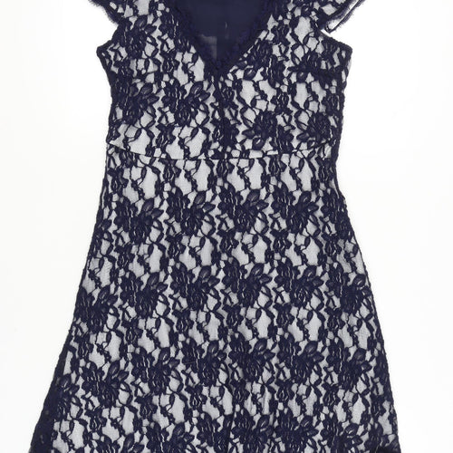 Klass Women’s Navy Blue Lace Sheath Dress Size 12 Knee Length V-Neck