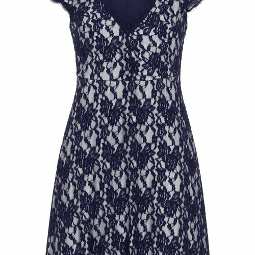 Klass Women’s Navy Blue Lace Sheath Dress Size 12 Knee Length V-Neck