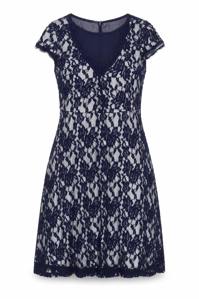Klass Women’s Navy Blue Lace Sheath Dress Size 12 Knee Length V-Neck