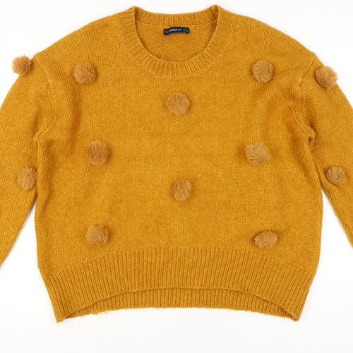 Zara Women Yellow Pom Pom Knit Jumper Pullover S Wool Blend