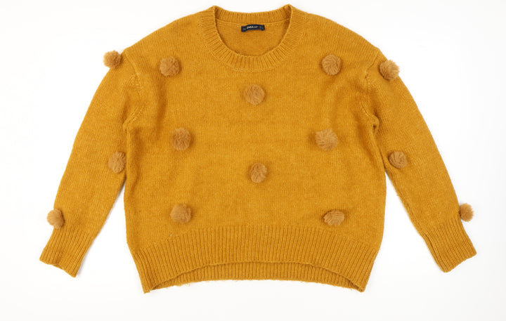 Zara Women Yellow Pom Pom Knit Jumper Pullover S Wool Blend