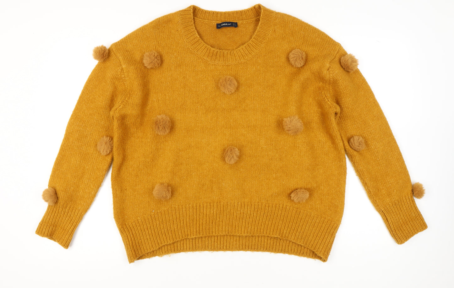 Zara Women Yellow Pom Pom Knit Jumper Pullover S Wool Blend