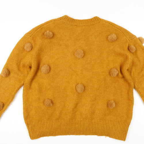 Zara Women Yellow Pom Pom Knit Jumper Pullover S Wool Blend