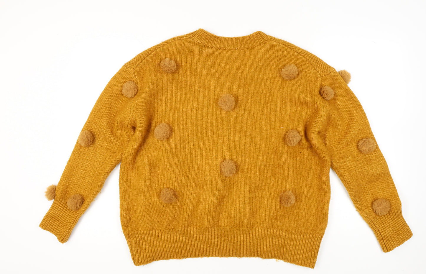 Zara Women Yellow Pom Pom Knit Jumper Pullover S Wool Blend