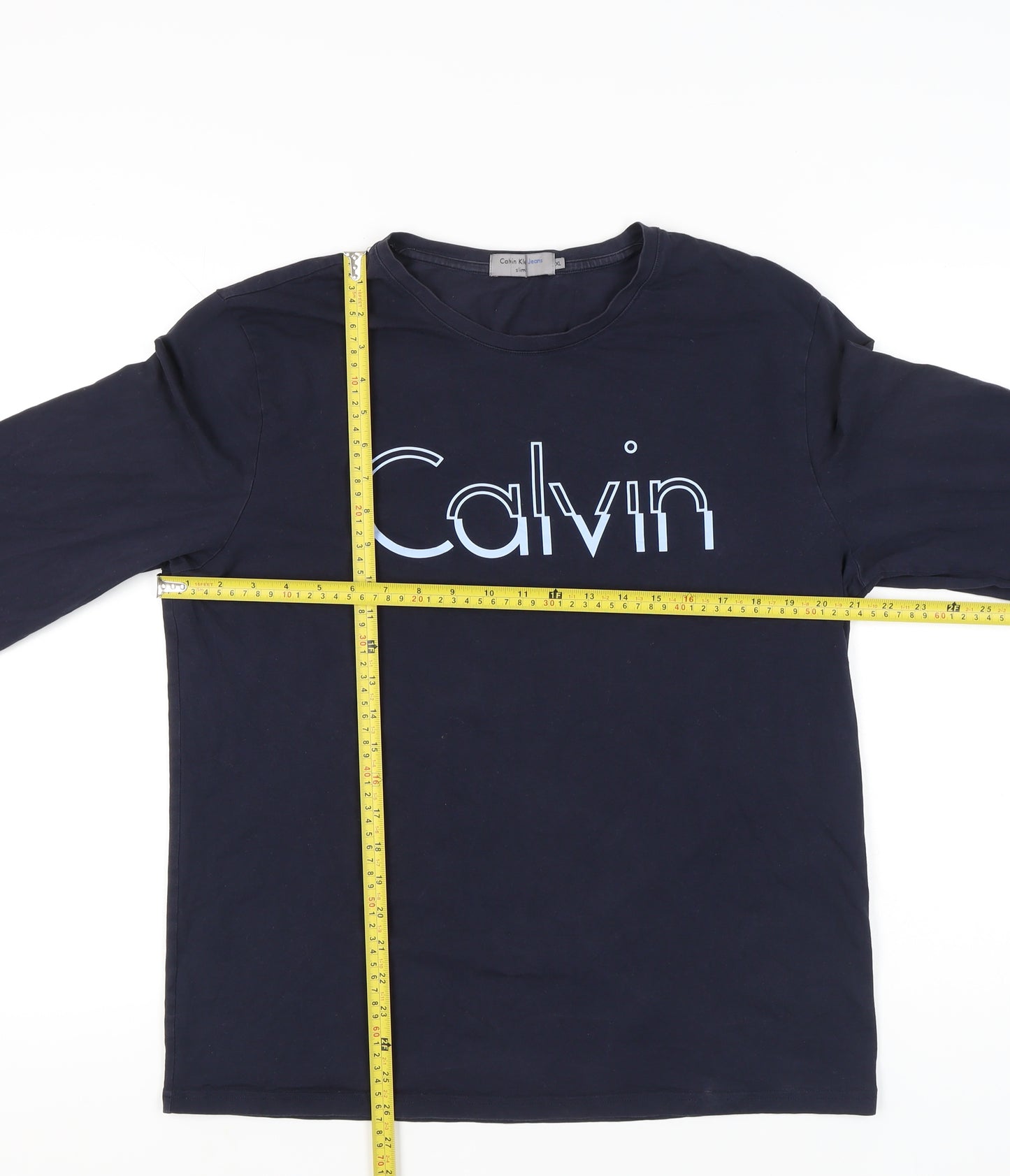 Calvin Klein Jeans Men's Blue XL Slim Fit Logo Long Sleeve T-Shirt
