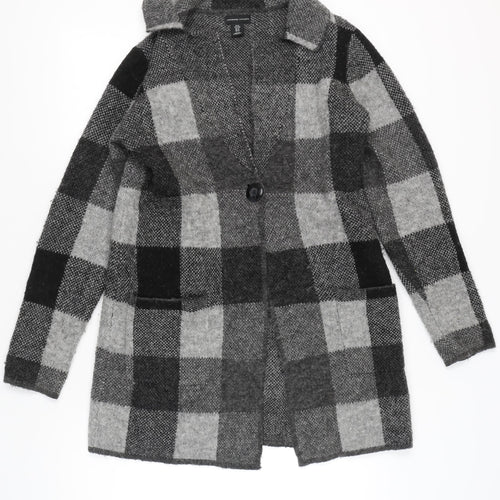 Adrienne Vittadini Women Grey Check Cardigan M Wool Blend Long Sleeve