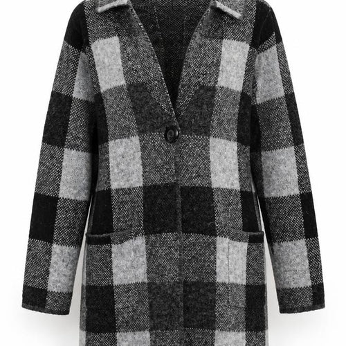 Adrienne Vittadini Women Grey Check Cardigan M Wool Blend Long Sleeve