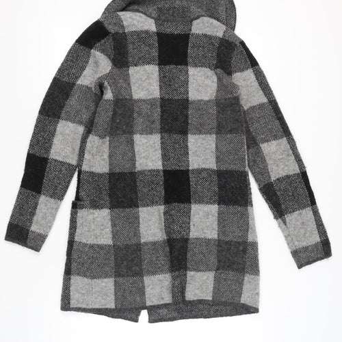 Adrienne Vittadini Women Grey Check Cardigan M Wool Blend Long Sleeve