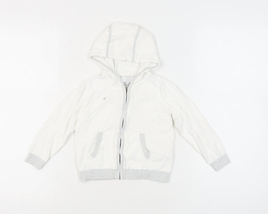 The Little White Company Girls White Cotton Hooded Full Zip Jumper 3-4 Years