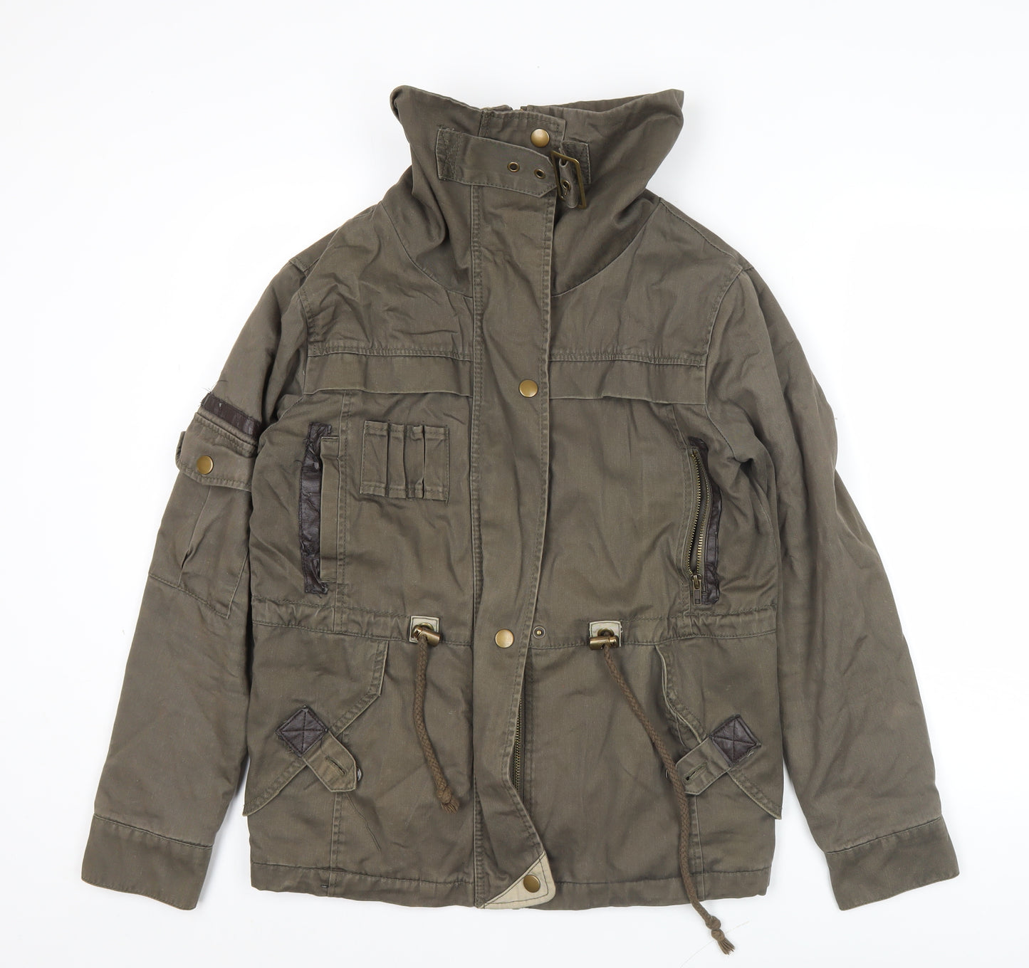 Crafted Womens Green Military Jacket Size 8 Cotton Mid-Length