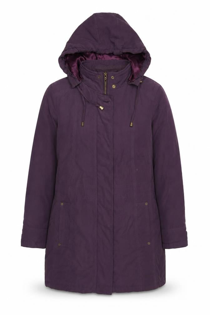 Front view of Bonmarché women’s purple parka coat hooded mid-length, size M