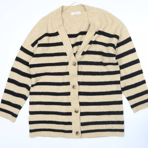 MNG Womens Beige Black Striped V-Neck Button Cardigan Size M